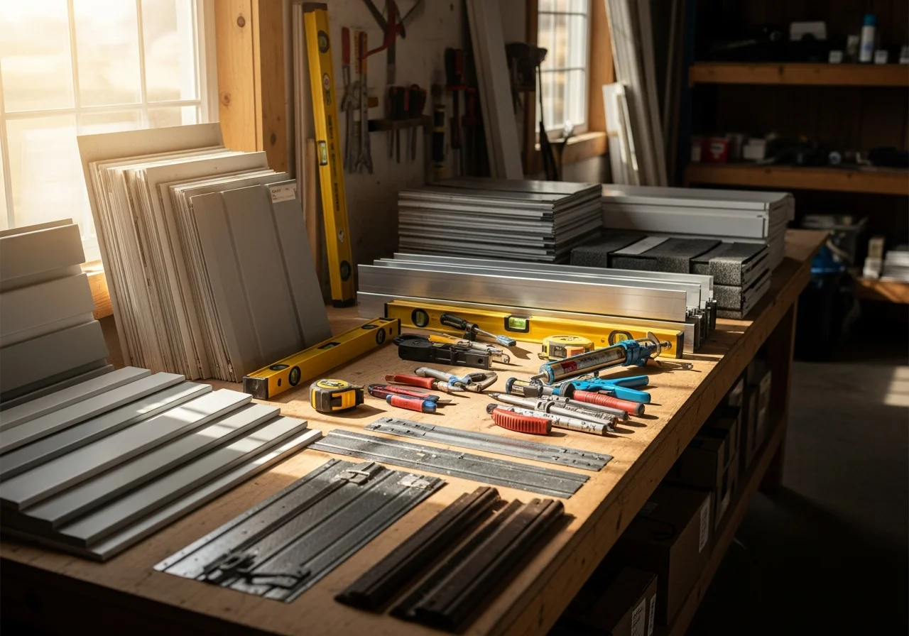 Professional contractor tools and materials on a clean work surface, representing quality home improvement services.
