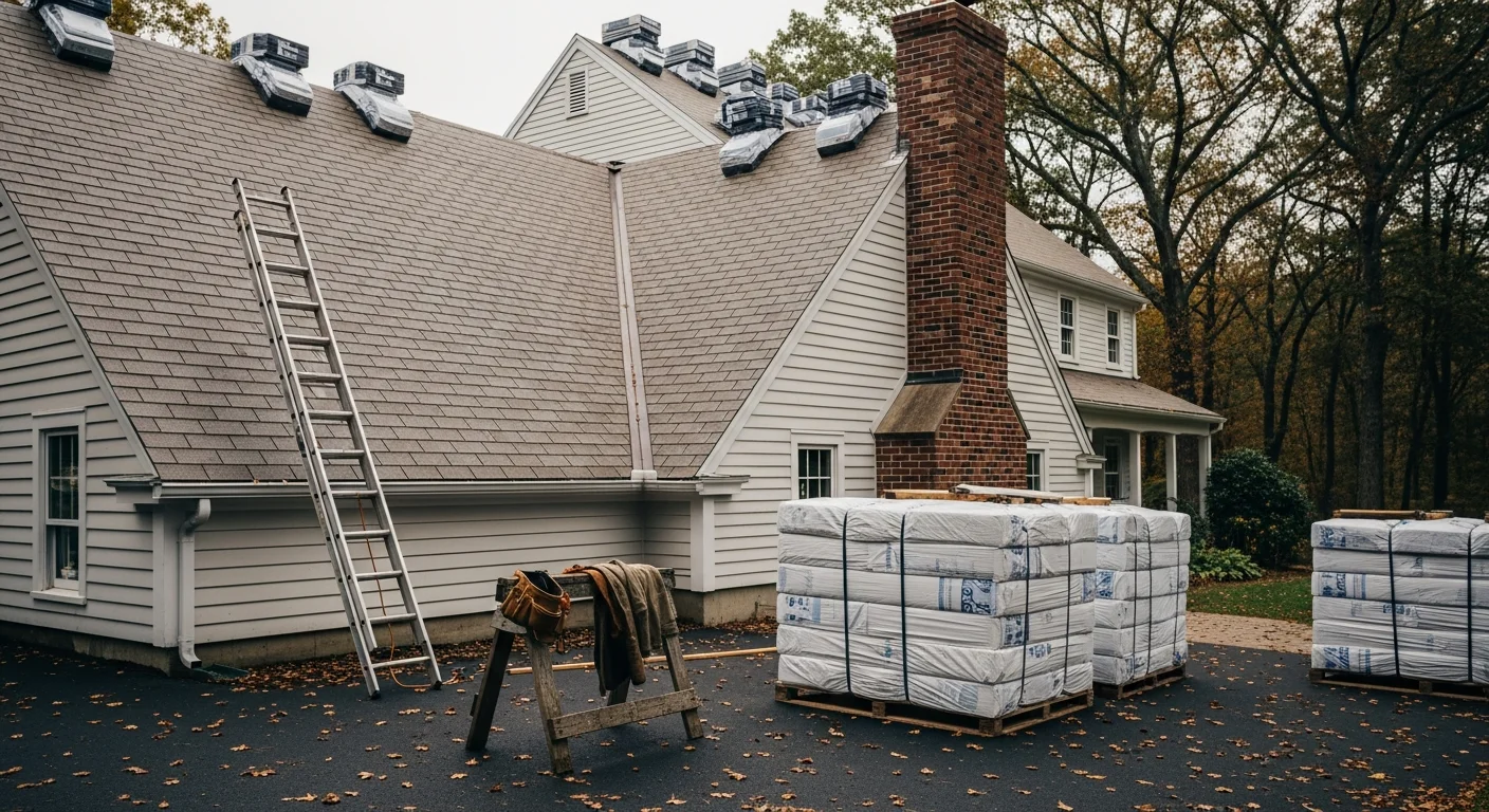 Roofer installing new shingles on residential home