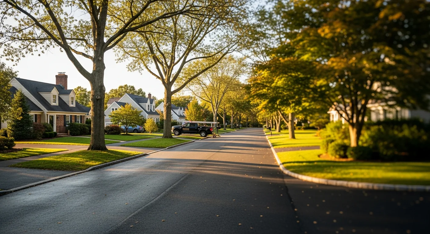 Farmington residential area with well-appointed homes and manicured lawns along a tree-lined street.