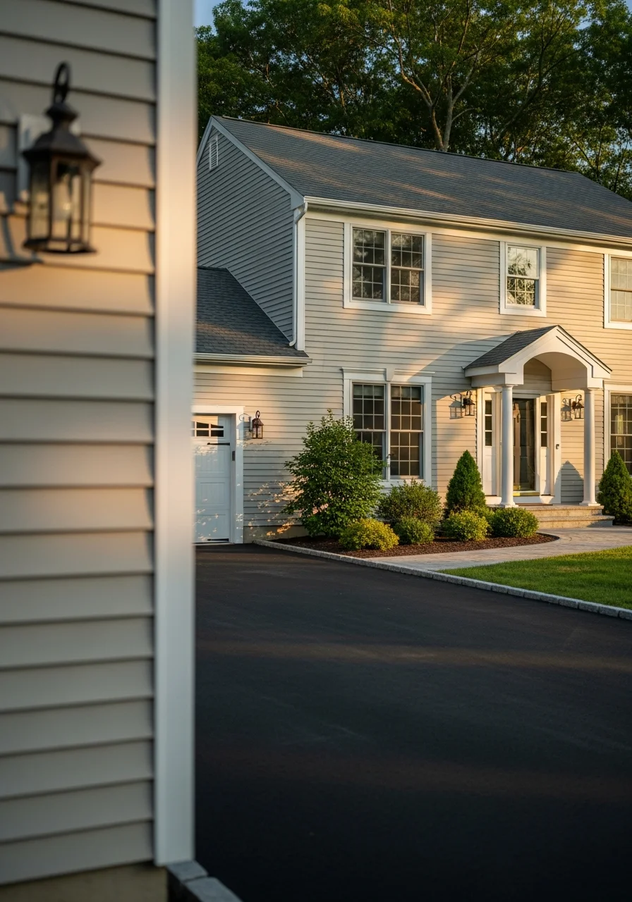 Close-up of a Manchester home's exterior entrance with professional landscaping and clear driveway access.