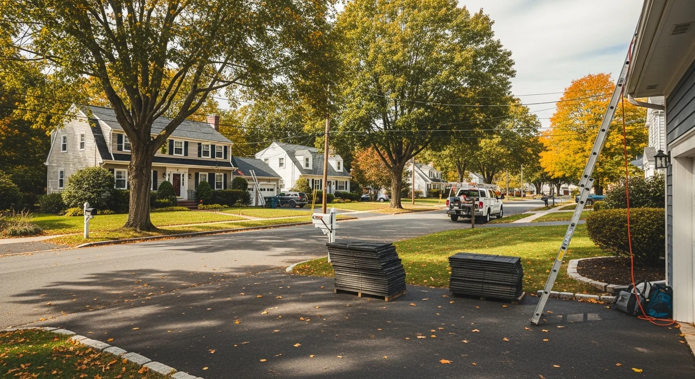 Residential street in Manchester, CT with well-maintained homes and mature trees lining the sidewalk.