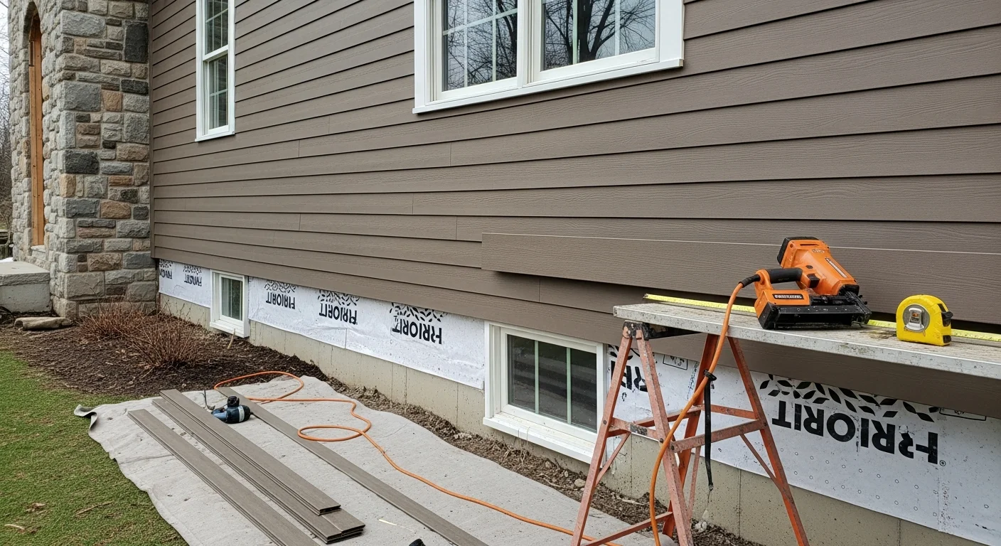 Freshly installed composite siding on a two-story Manchester, NH home, showing clean horizontal panels with tight seams and no visible gaps at the corners. The exterior reflects a natural wood-grain texture in a neutral color suited to the surrounding New England neighborhood.