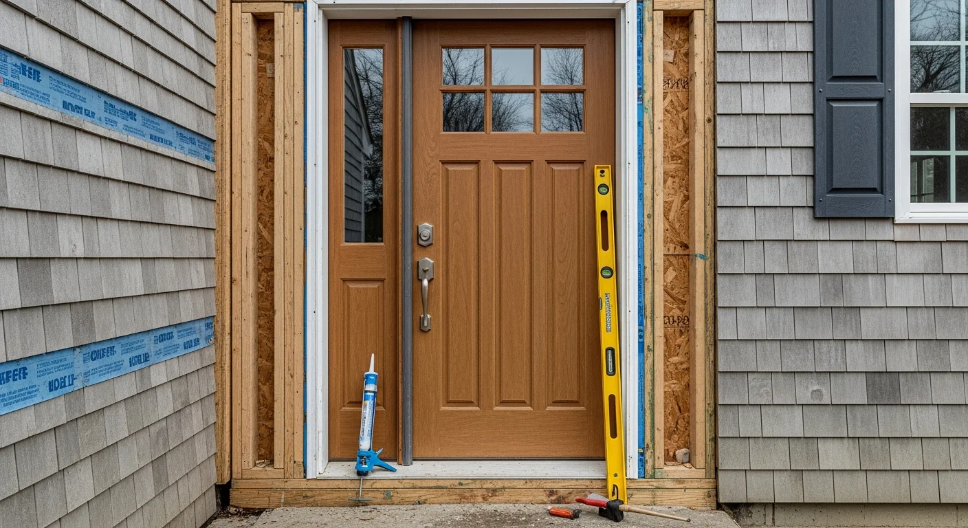 A newly installed exterior entry door on a residential home in Manchester, NH, with a properly fitted frame and clean trim work visible. The door is set flush against the exterior siding with no visible gaps along the threshold or sides.