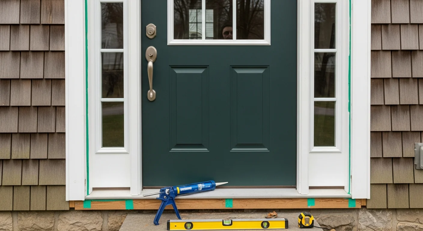 A newly installed exterior entry door on a single-family home in Manchester, NH, with a clean frame, tight weatherstripping, and a finished threshold. The surrounding siding and trim are intact, showing a complete professional door replacement result.
