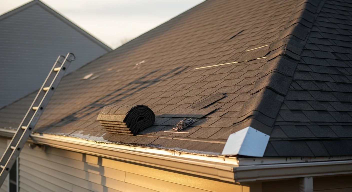 A Manchester, NH roofing contractor repairing storm-damaged shingles on a steep-pitch residential roof after a winter nor'easter. Missing shingles and exposed roof deck are visible along the upper field of the roof.