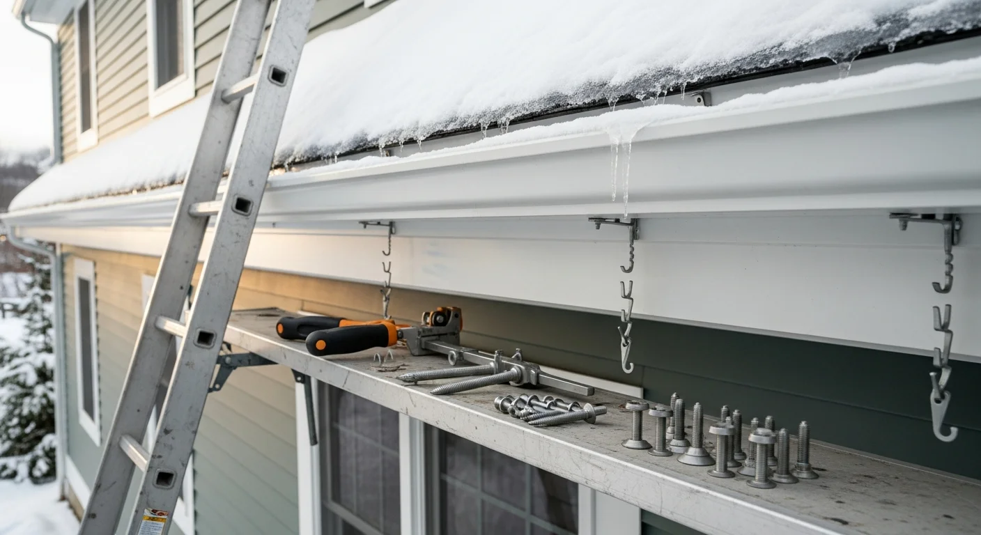 Newly installed gutters on a two-story New England home in Manchester, NH, with downspouts positioned to direct water away from the foundation. The system runs along the full roofline, showing clean fascia attachment and properly aligned sections.