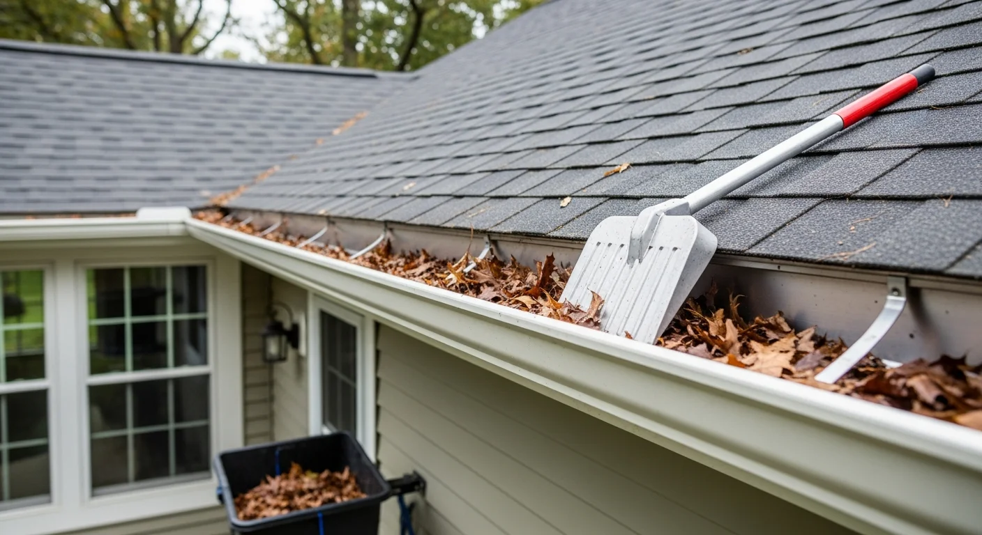 A gutter technician clearing compacted leaf and debris buildup from a residential gutter on a two-story Manchester home. The downspout runs clear against the home's exterior siding after the maintenance visit.