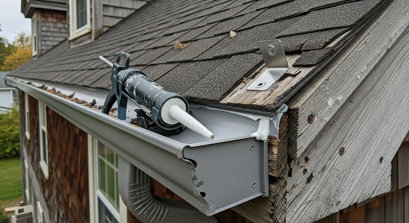 A gutter repair technician resealing a leaking joint on a colonial-style home in Manchester, New Hampshire. The repaired section shows clean sealant applied along the seam with the fascia board and roofline visible in the background.