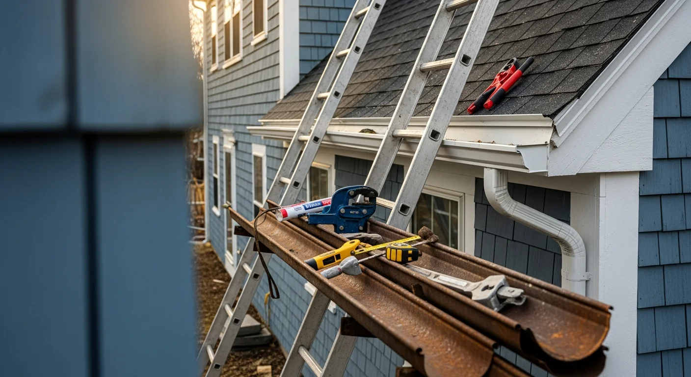 Freshly installed gutters on a two-story Manchester, NH home, with clean downspouts running along the corner of the house and no visible sagging or separation from the fascia board.