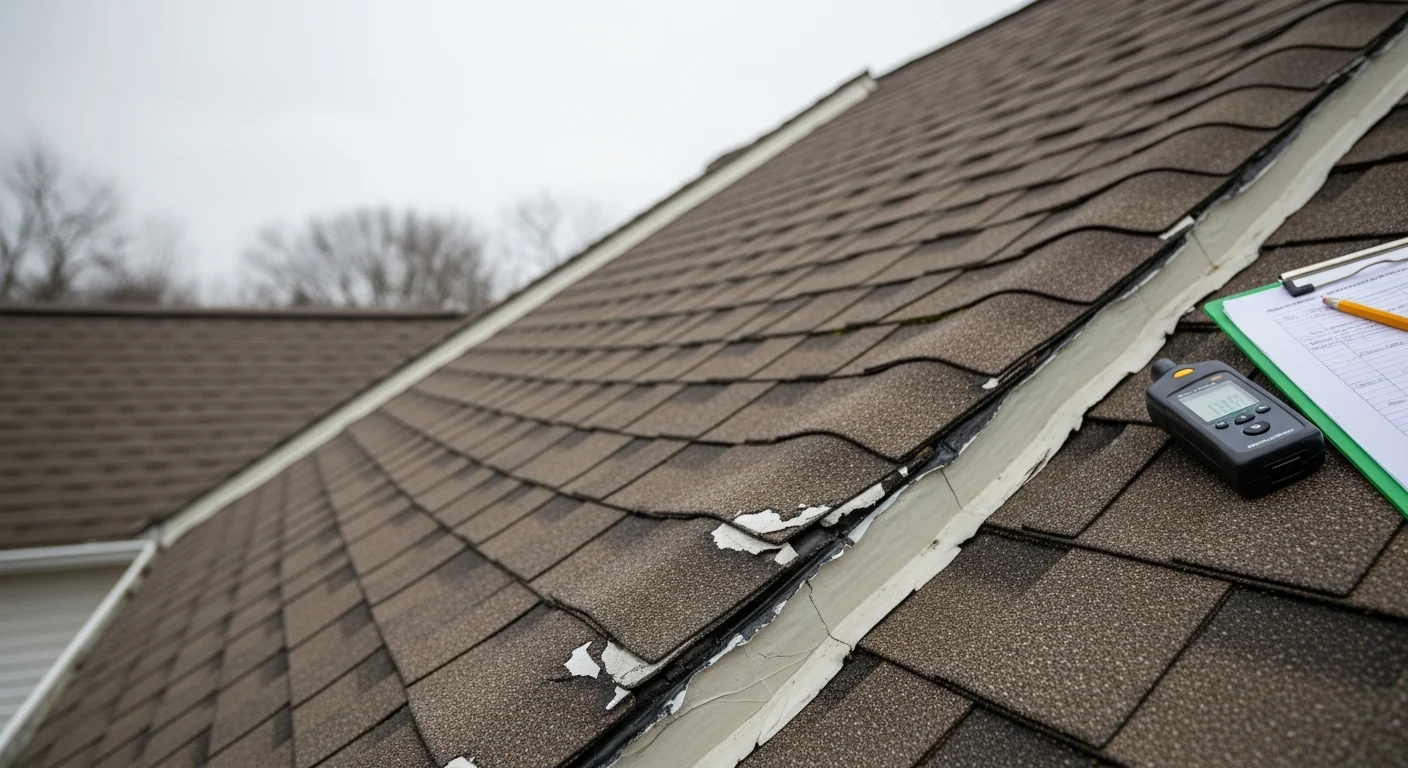 A roofing contractor from New England Siding LLC inspecting shingles and flashing on a residential roof in Manchester, NH. Close-up view shows detailed examination of a chimney flashing seam on a pitched roof with a New Hampshire residential neighborhood visible in the background.