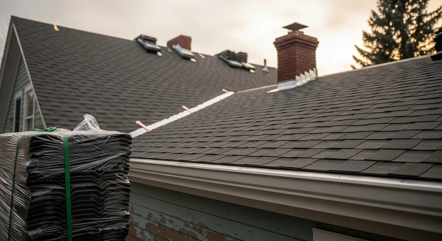 A newly installed residential roof on a single-family home in Manchester, NH, showing clean shingle lines, finished ridge cap, and properly sealed flashing around the chimney. The surrounding neighborhood reflects the mix of established New England housing typical of the Manchester area.