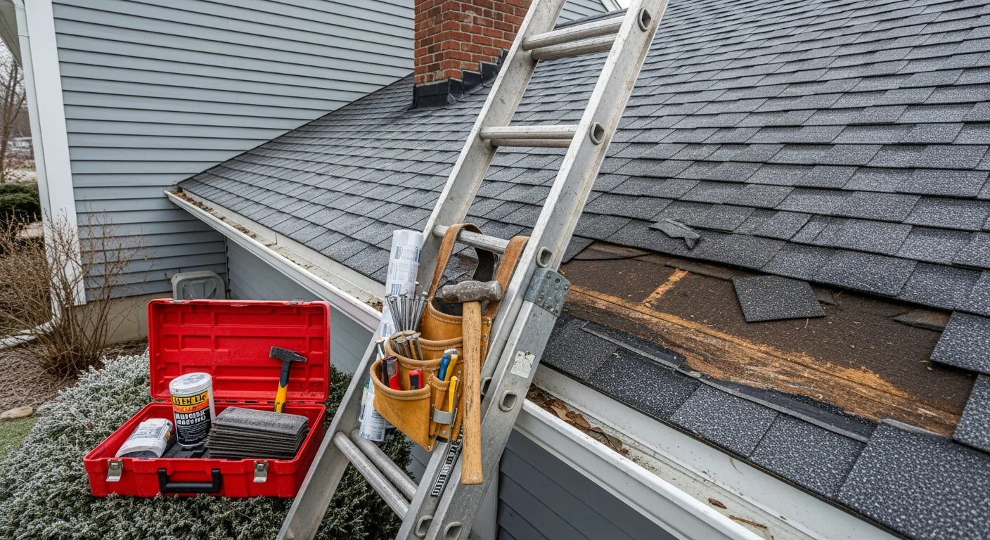 A roofing contractor from New England Siding LLC replacing damaged shingles on a residential home in Manchester, NH. Close-up view shows repaired flashing and new shingle sections on a pitched roof after storm damage.