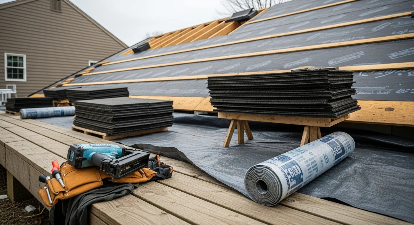 A completed residential roof replacement on a two-story home in Manchester, NH, showing new shingles installed over a full-width ice-and-water barrier with clean ridge and eave lines. The surrounding yard is clear of debris, with a typical New England residential streetscape visible in the background.