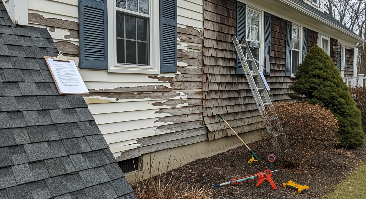 A New England Siding LLC contractor inspecting the exterior siding of a residential home in Manchester, New Hampshire, checking panels near a window for signs of warping and moisture damage.