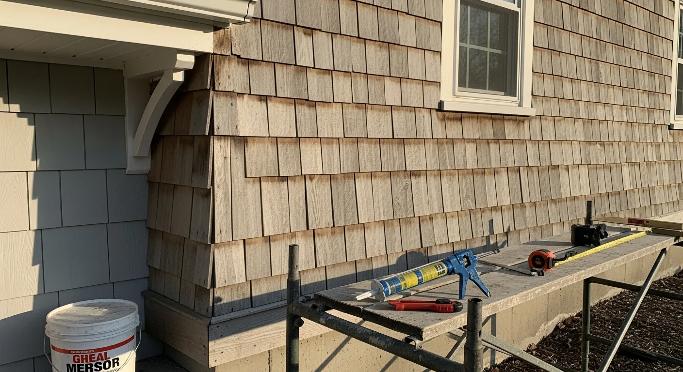 A Manchester, NH home exterior showing freshly repaired siding panels with consistent color and profile along the front wall. Close detail of sealed seams and flush-fitted boards replacing previously cracked and warped sections.