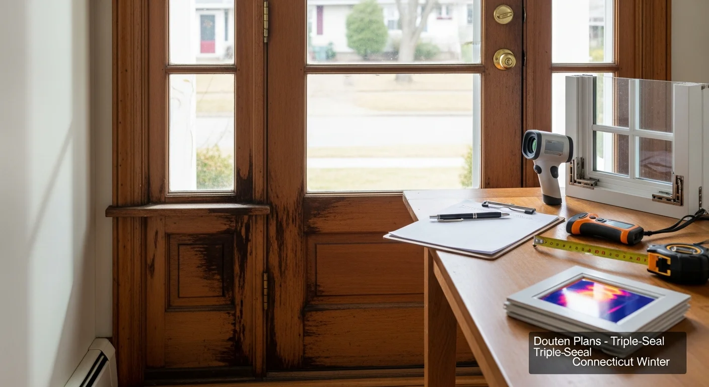 A New England Siding LLC consultant inspecting a window frame on a Manchester, NH home exterior during a window and door consultation. The image shows a close-up assessment of an aging window seal on a residential property.