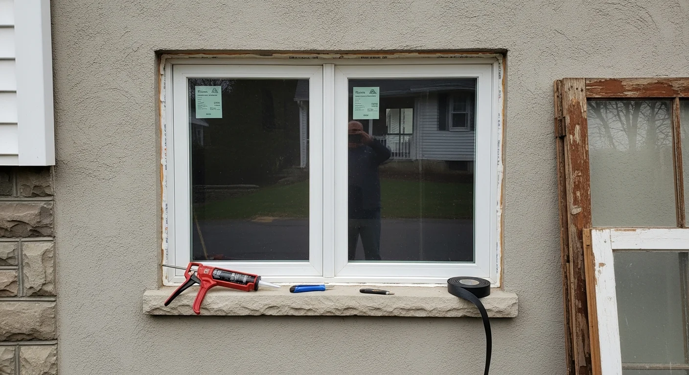 A newly installed double-hung window on the exterior of a mid-century residential home in Manchester, NH, with clean trim lines and a tight weatherproof seal visible around the frame.