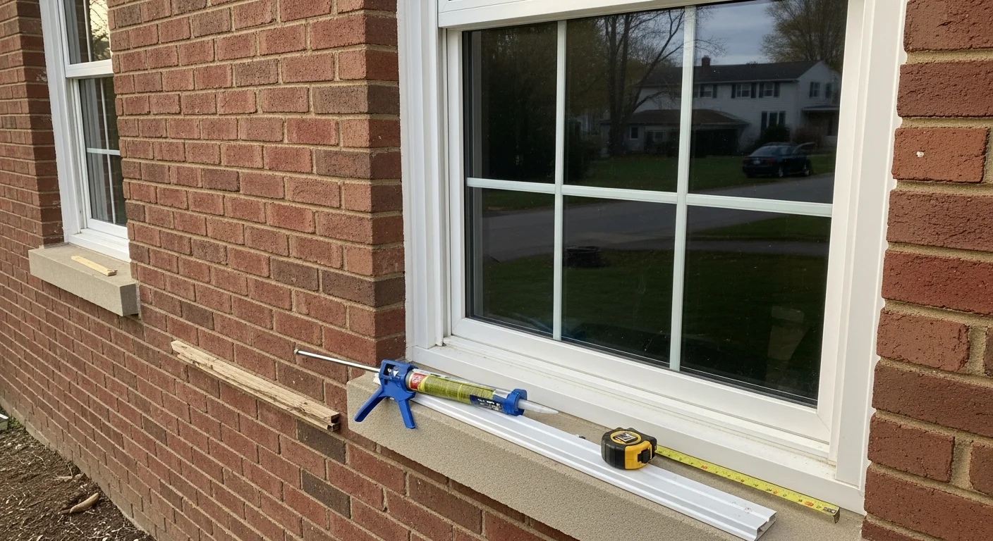 A newly installed replacement window on the exterior of a two-story Manchester home, showing clean trim lines and a tight seal against a white clapboard facade. The surrounding frame shows fresh caulking with no visible gaps or weathering.
